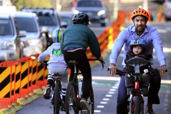 Pop up cycleways like this allow people to ride safely on roads that they would otherwise not use, especially with children. Photo credit: Transport for NSW website