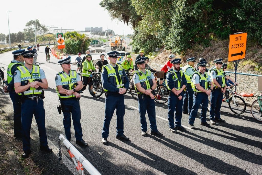 Police blocking the Auckland Bridge from cyclists