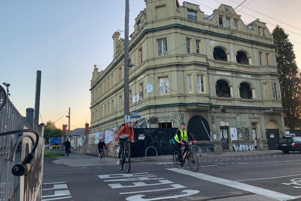 Cyclists crossing at Brunswick St Hotel