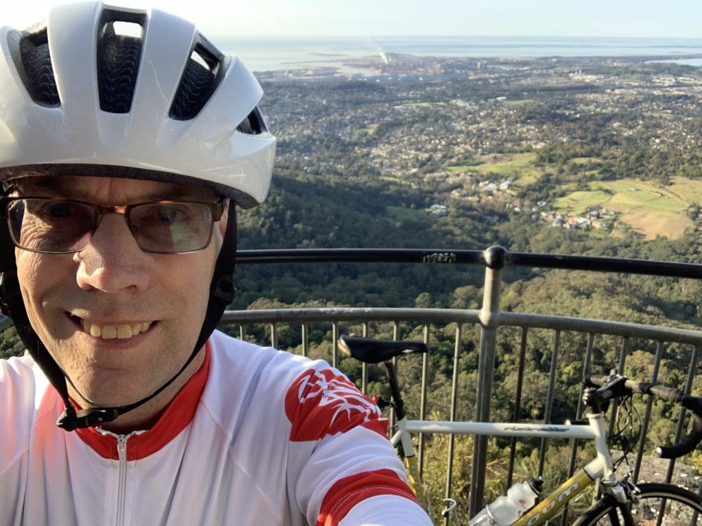Phil Latz back in training at the Robertson lookout overlooking the Illawarra region