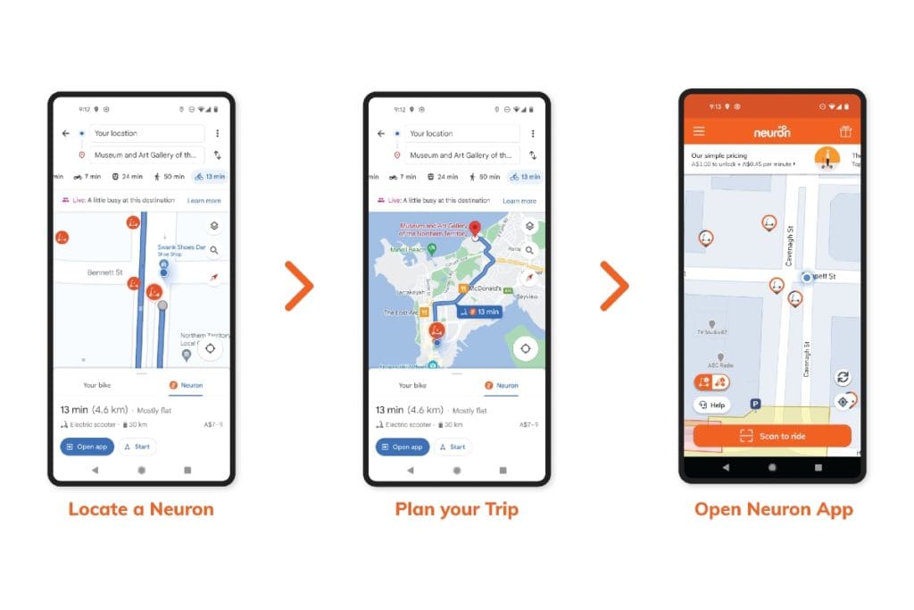 The integrated service highlights a user’s nearest e-scooter or e-bike, directions and information on how long it will take them to reach it, estimates prices, battery range and expected arrival times at their destination.