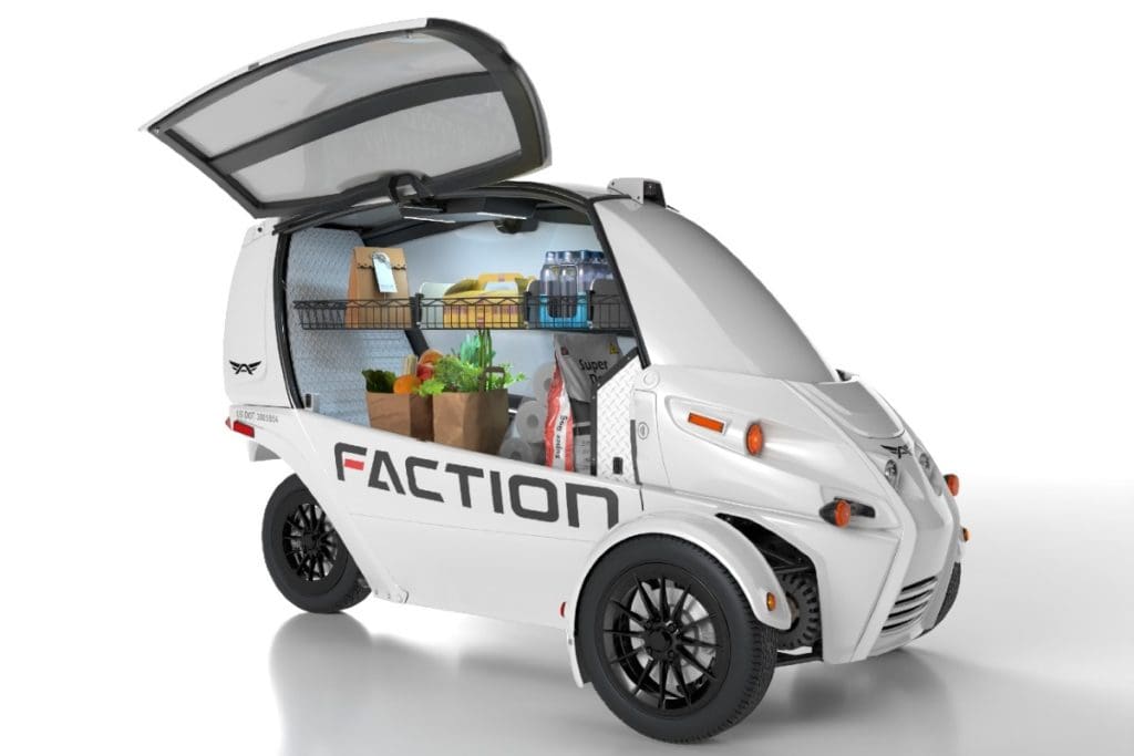 The driverless delivery vehicle Faction D1 combines autonomy with remote human teleoperation, offering a top speed of 120kmh, a range of 164km and a load capacity of 228 kilograms.
