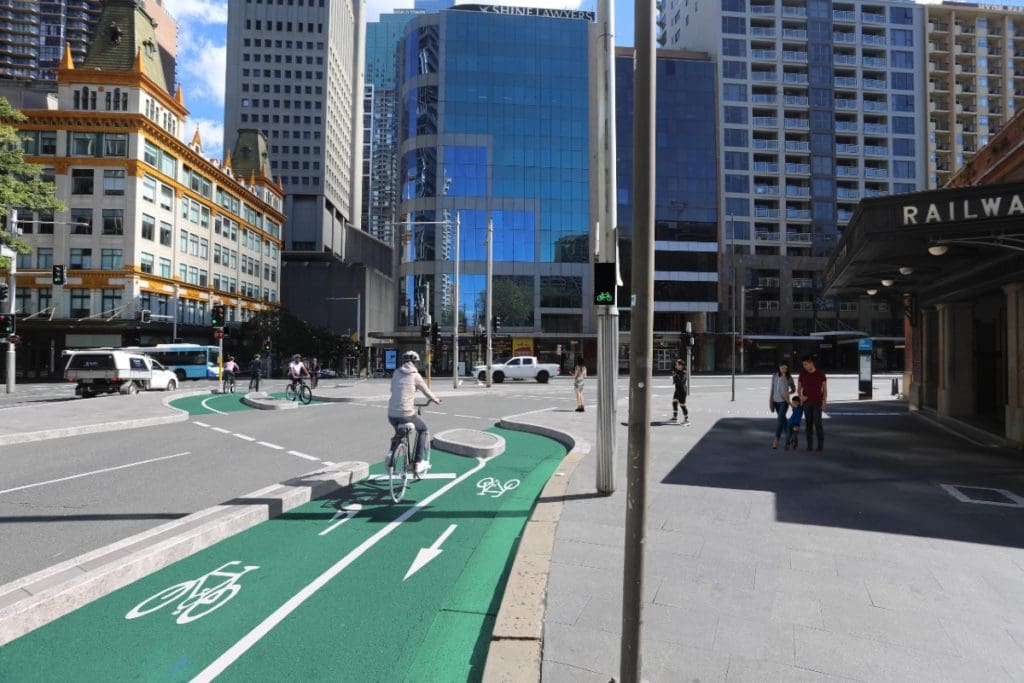 An artists impression of the Oxford Street Cycleway at the Elizabeth Street intersection.