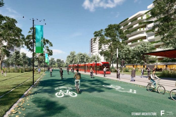 Artist’s impression of the Eastwick Greenline light rail and active transport proposal