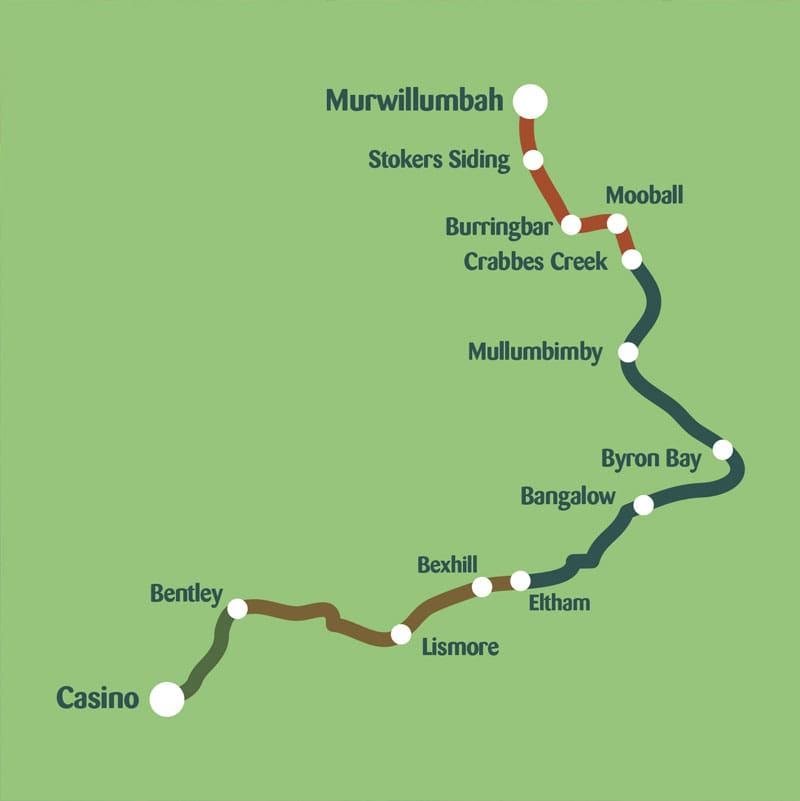 Map of Murwillumbah to Casino Rail Trail route