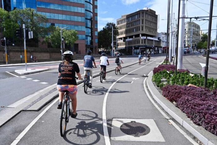 People riding bicycles on a city cycleway.