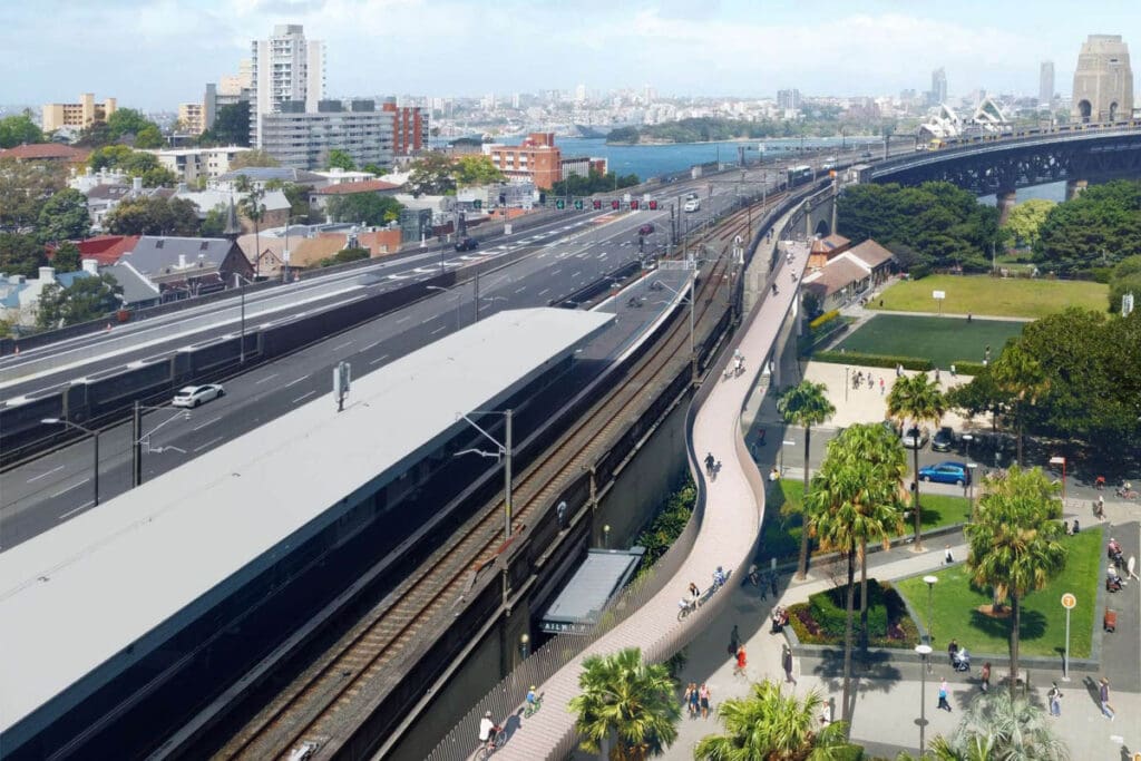 An aerial view of the proposed access ramp to the northern end of Sydney Harbour Bridge from Milsons Point.