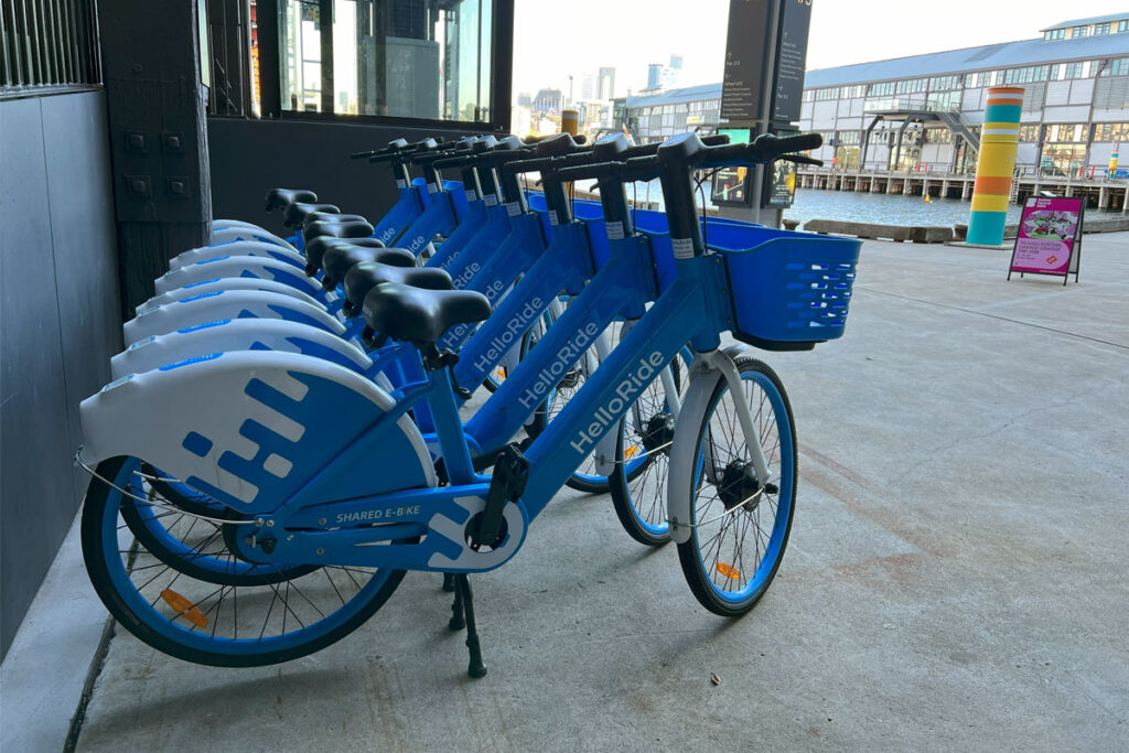 Share e-bikes parked in a row