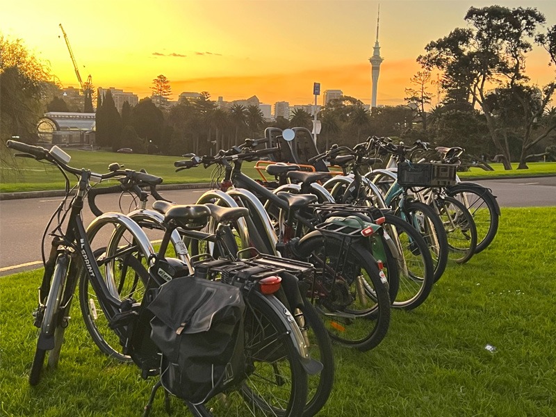 Row of bikes parked with sunrise in the background.