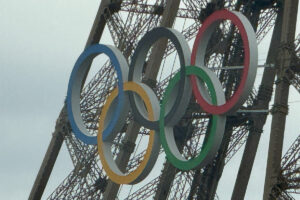 Olympic rings on the Eiffel Tower.